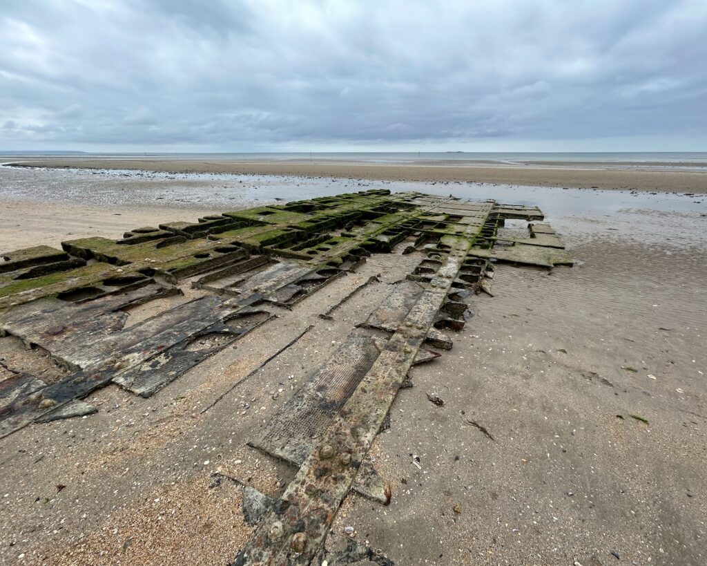 Remnants of a ship on the beach.