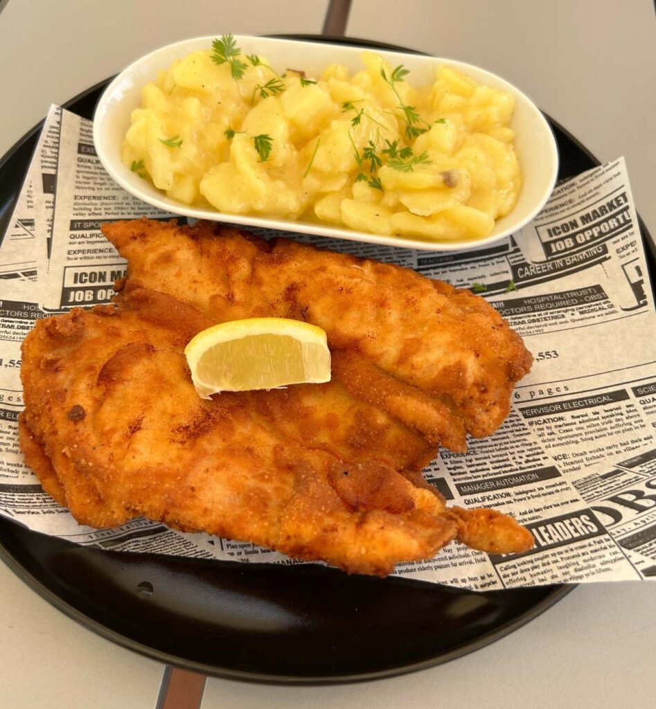 Chicken schnitzel served at Hotel Hradná brána near Devín Castle.