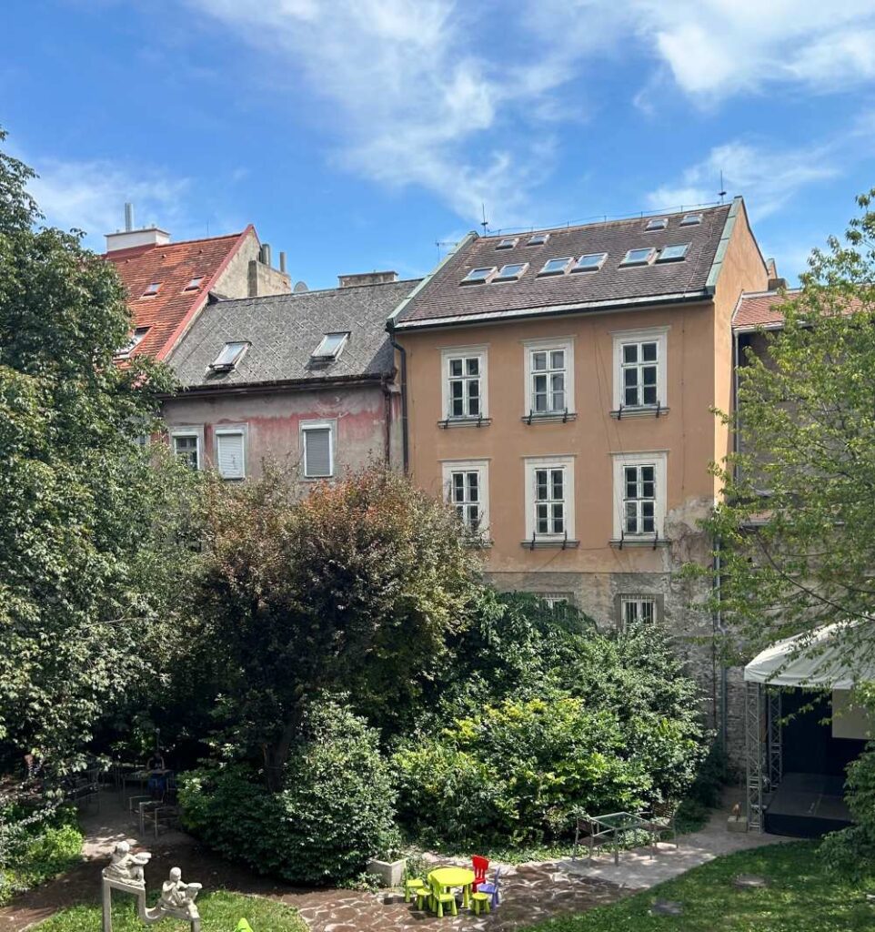 Cobblestone lane and pastel buildings spotted in Old Town during one day in Bratislava