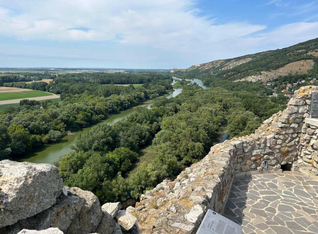 Panoramic view from Hrad Devín with the Danube and Morava rivers below.