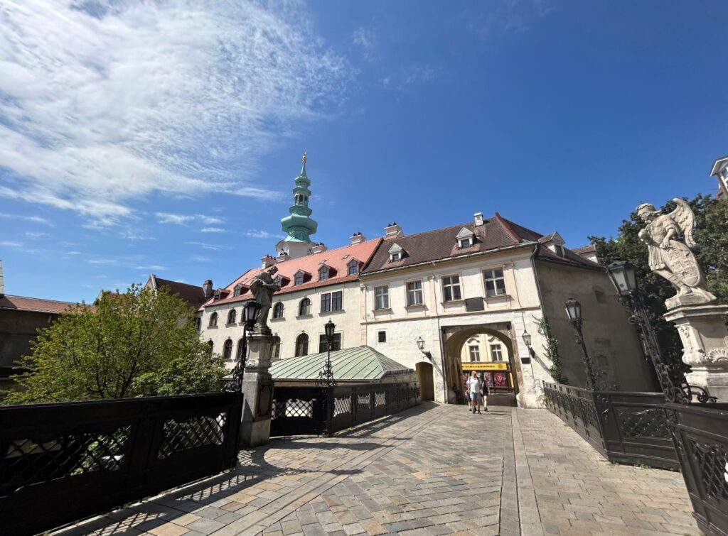 St. Michael’s Gate, the medieval city gate marking the entrance to Old Town Bratislava visited on a on day trip.