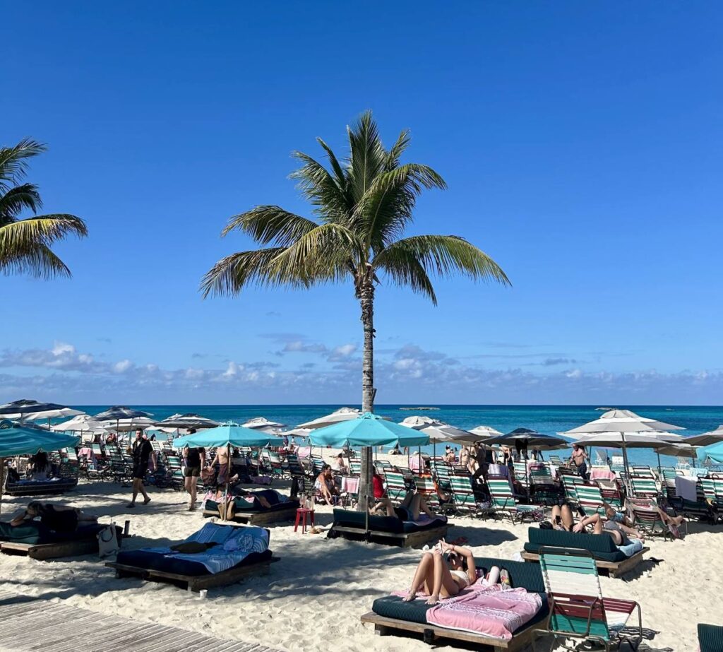 Virgin Voyages’ the Beach Club at Bimini a port visited on a luxury cruise trip.