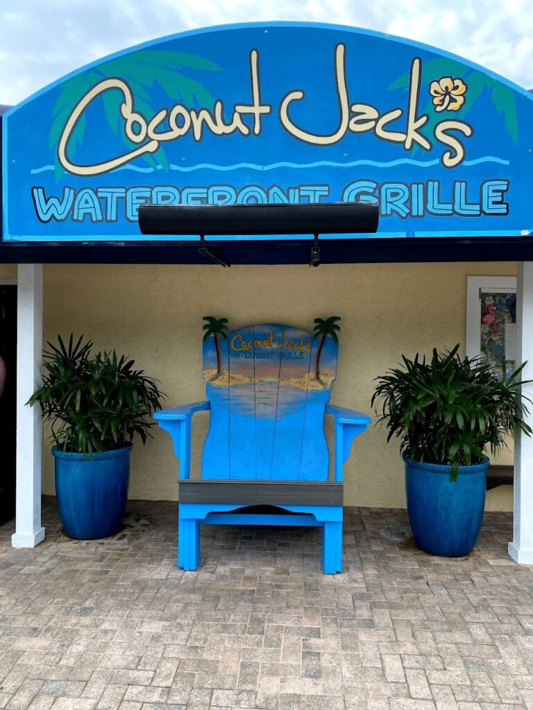 Bright blue decor at Coconut Jack’s Waterfront Grille, Bonita Spring, visited on a Southwest Florida trip.
