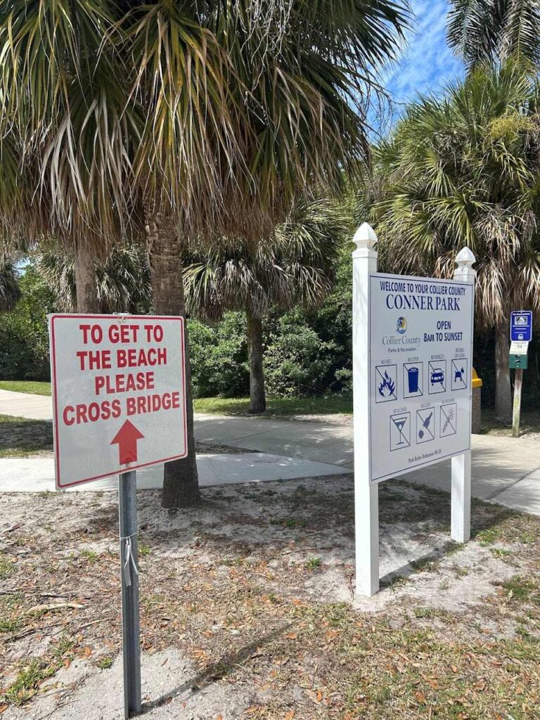 Sign board to Conner Park in Collier County in Bonita Spring, Southwest Florida.