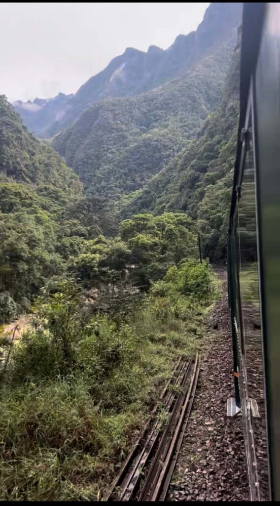 Vistadome train journey from Cusco to Machu Picchu passing through the Sacred Valley landscape