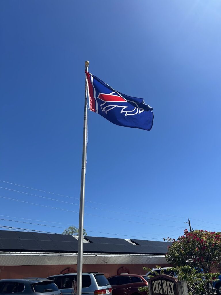 The Buffalo Bills flag on the way to Buffalo Chips Restaurant in Bonita Springs is a popular landmark
