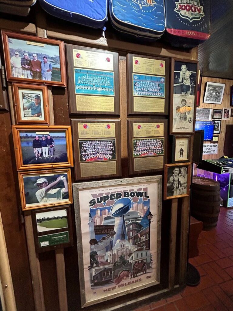 The interiors of Buffalo Chips Restaurant show photos of Superbowl