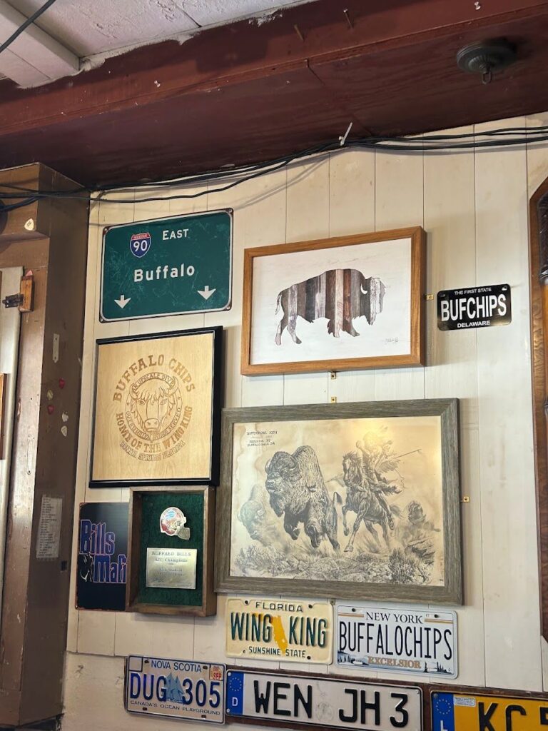 Walking into Buffalo Chips Restaurant feels like a Buffalo sports museum with wall-to-wall memorabilia and fan décor