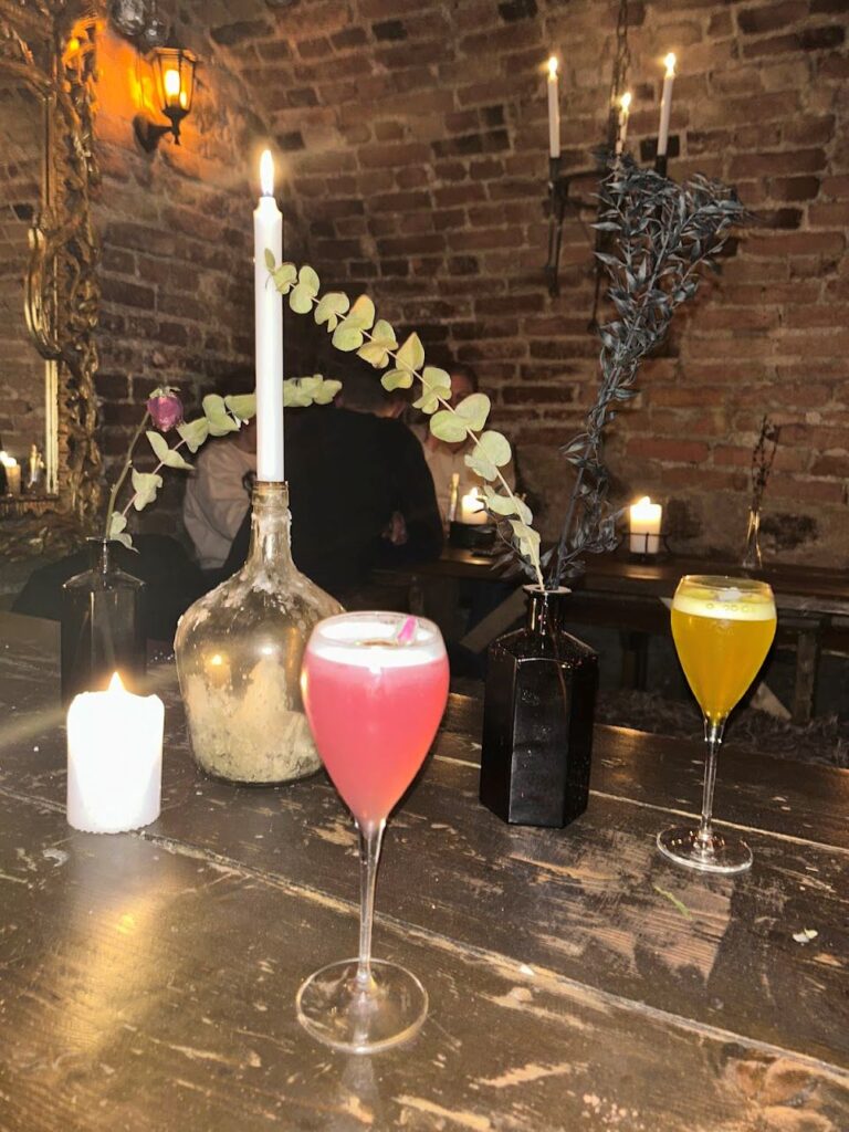 Medieval vault setting and artistic cocktails at Galdrs Krypta creating a unique nightlife experience in Stockholm