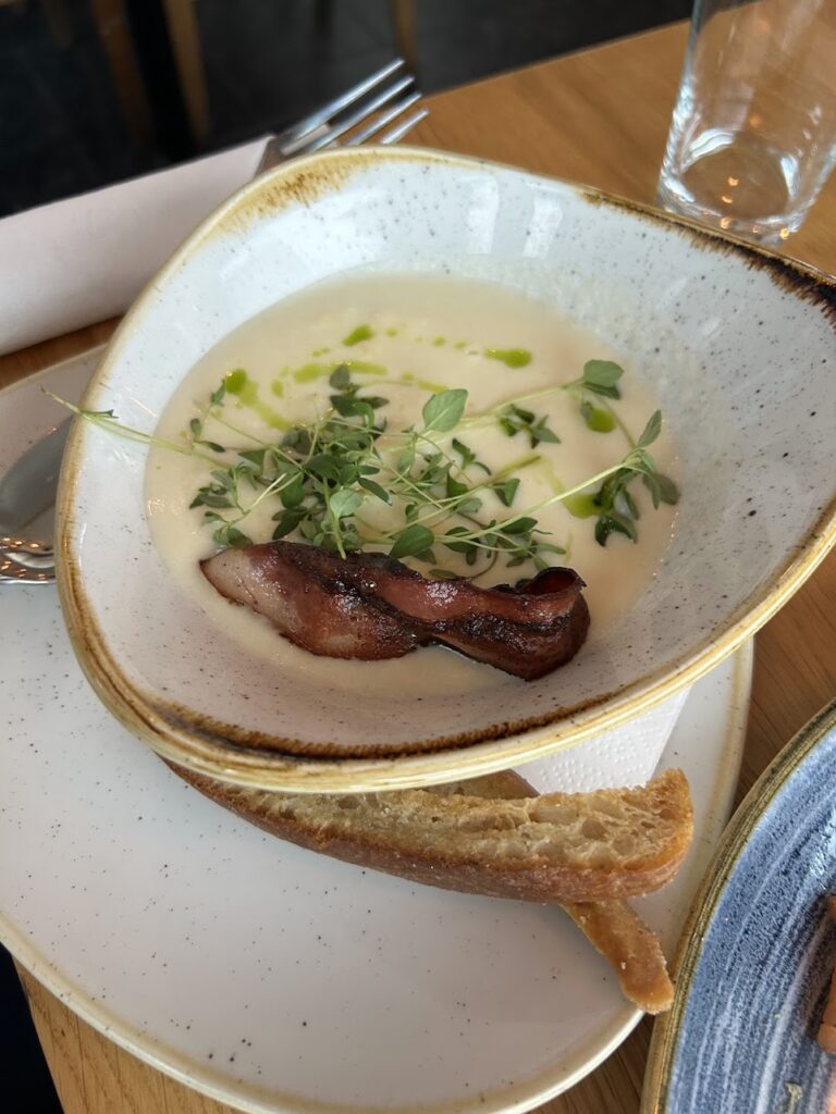 Jerusalem artichoke soup topped with bacon and croutons at Hamnkrogen Vaxholm