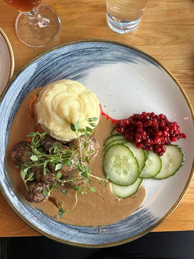 Traditional Swedish meatballs with lingonberry sauce and mashed potatoes at Hamnkrogen Vaxholm