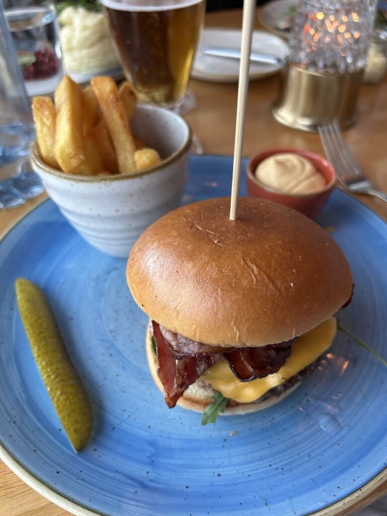 Gourmet burger and fries served at Hamnkrogen Vaxholm overlooking the harbor