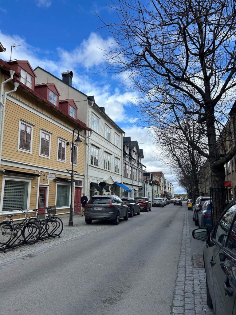 Colorful wooden houses along the harbor in Vaxholm.