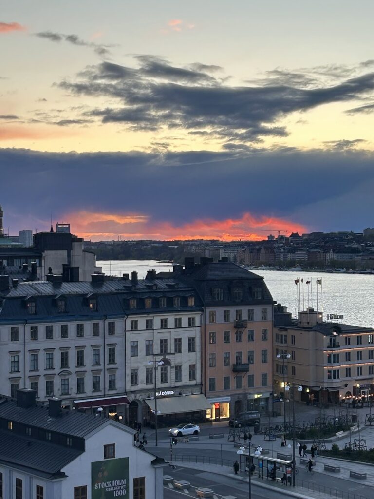 Sunset view from Katarinahissen with boats and historic buildings below