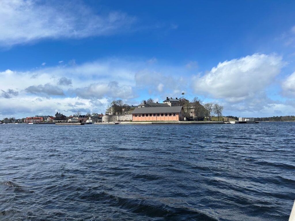 Historic Vaxholm Fortress surrounded by calm archipelago waters