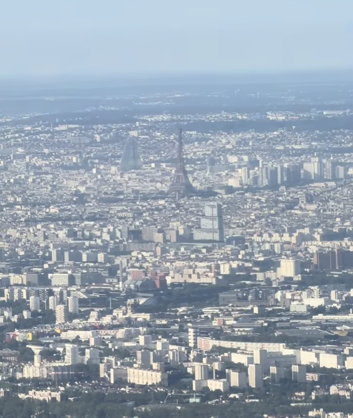 A view of the Eiffel Tower taken from above on a flight into the Paris Charles de Gaulle International Airport
