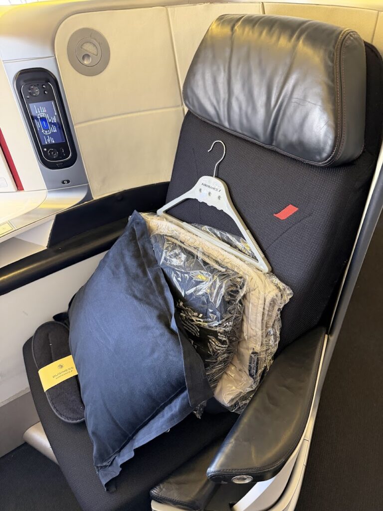 Plush seating aboard the business class of an Air France flight.