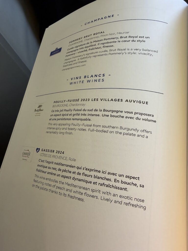 The selection of white wine served to business class travelers on Air France.