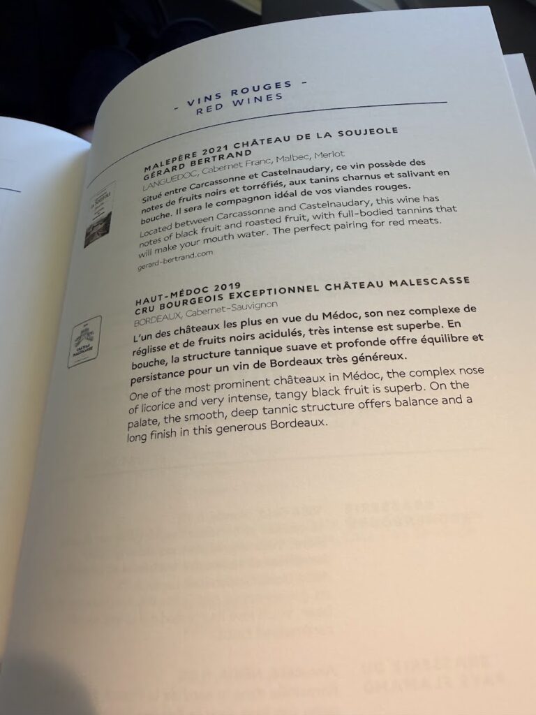 The red wine selection served on the business class of an Air France flight.