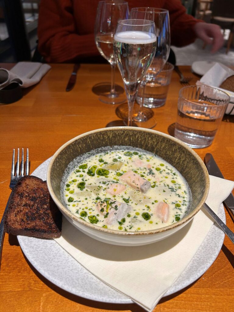 The traditional Finnish salmon soup, a must-try on a visit to Helsinki, Finland