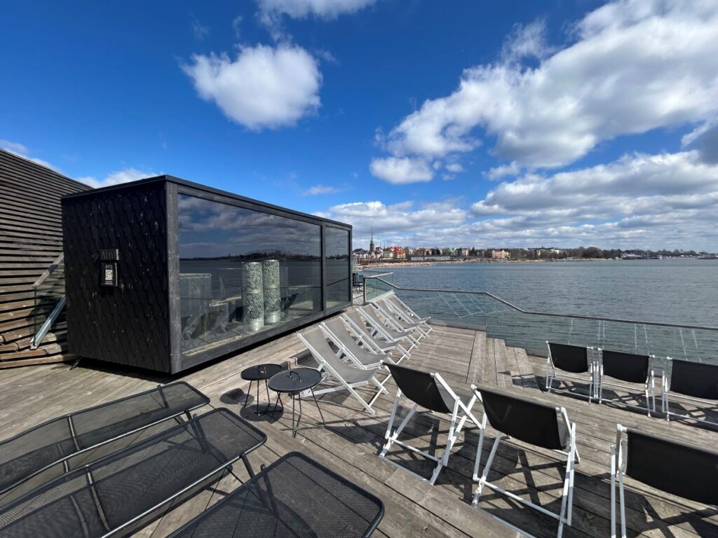 Seaside terrace at Löyly offering panoramic Baltic Sea views