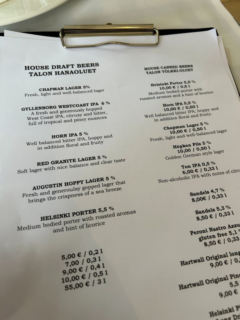 Menu of brews at Suomenlinna Brewery, situated in the historical Suomenlinna Fortress grounds