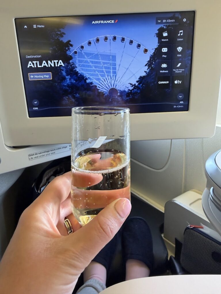 Air France offers its business class travelers champagne or mimosa right after take off. 