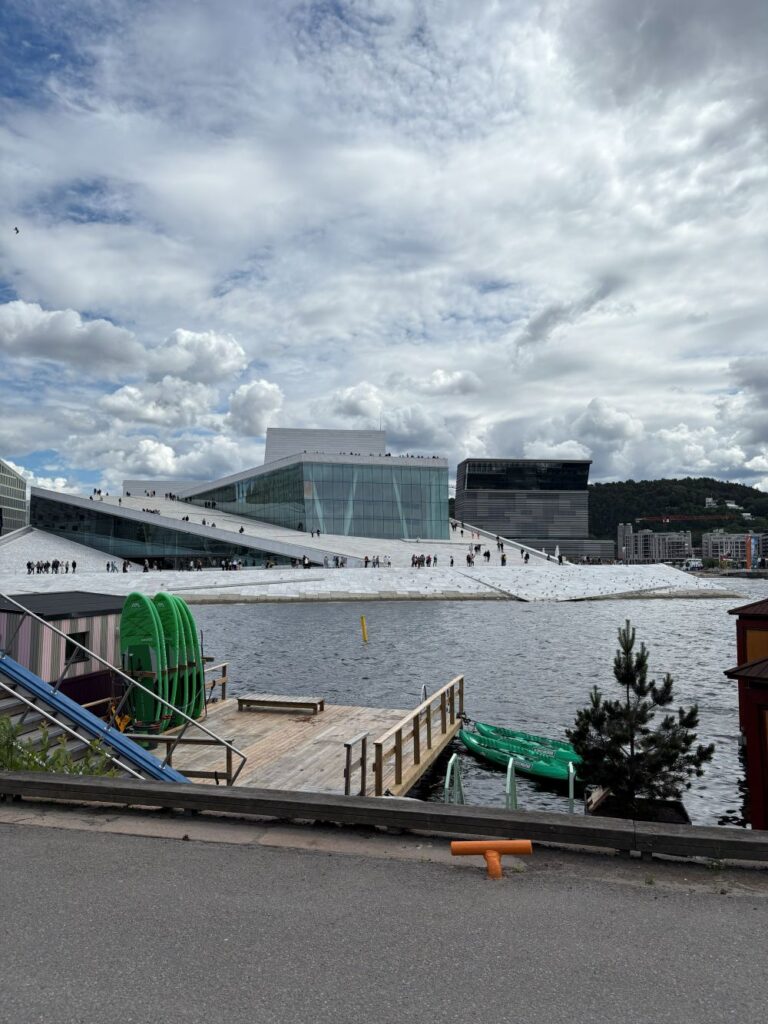 The iconic Oslo Opera House with its sloping white marble roof overlooking the Oslofjord.