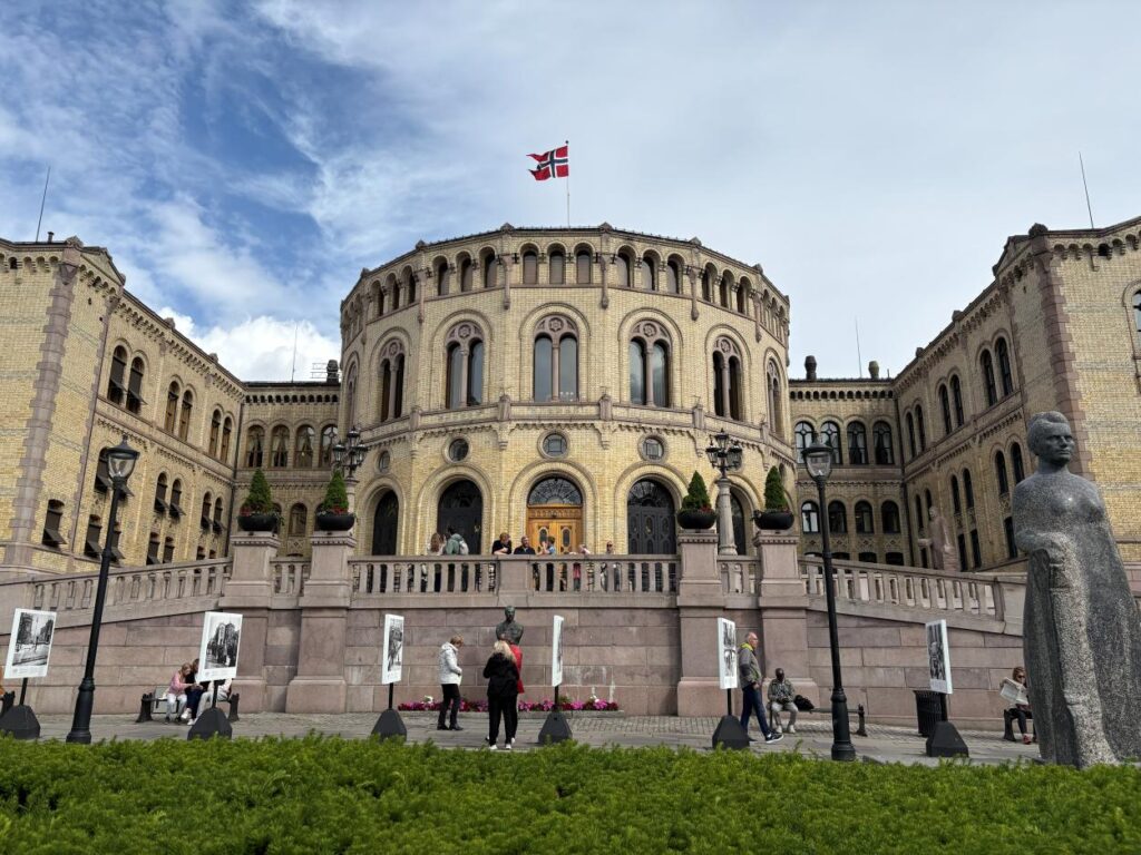 The Norwegian Parliament building standing along Karl Johans gate in central Oslo.