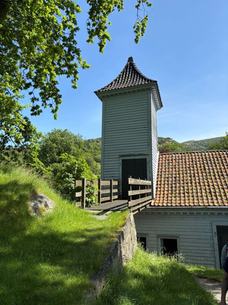 Traditional Norwegian architecture at Gamle Bergen Museum surrounded by cobblestone streets