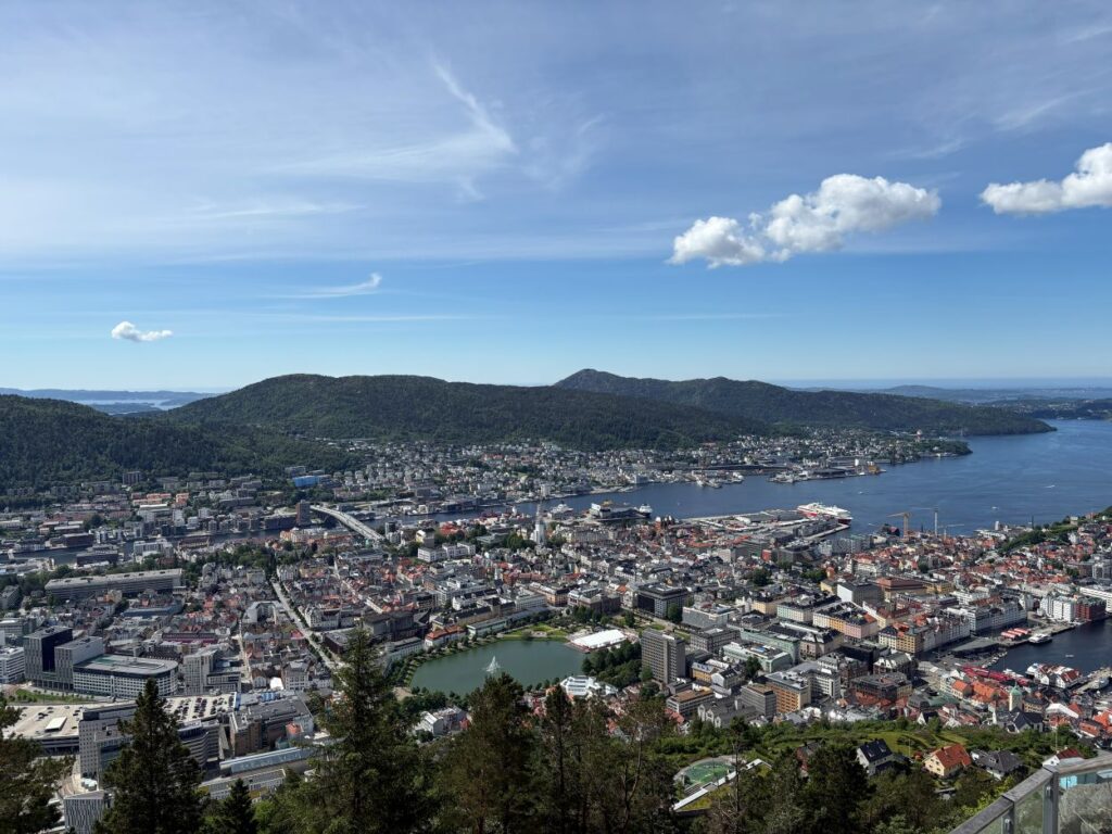 Colorful cityscape and surrounding peaks viewed from Mount Fløyen