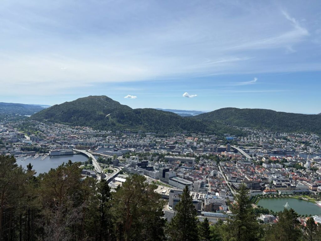 Sweeping cityscape from the top of Mount Fløyen with colorful rooftops and mountain scenery
