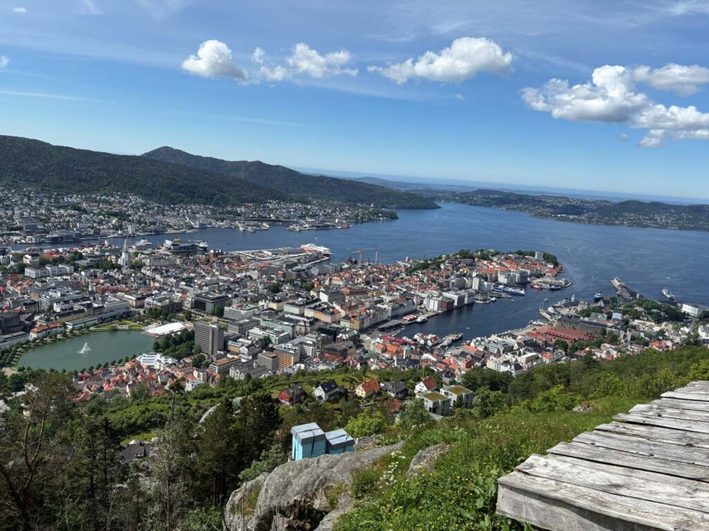 Panoramic view from Mount Fløyen overlooking the city, fjords, and surrounding mountains