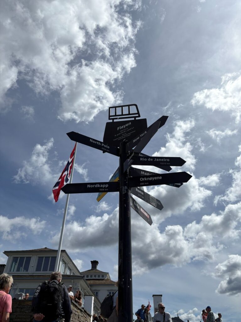 Signpost viewed from top of Mount Fløyen, Bergen