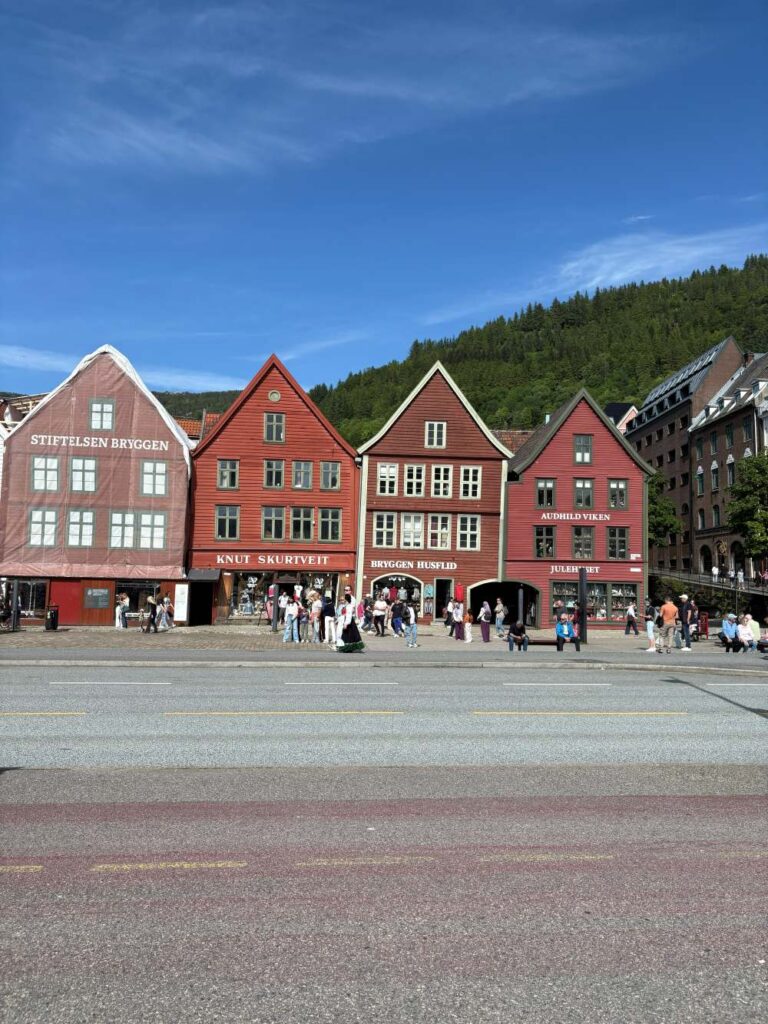Historic timber buildings and bustling promenade at Bryggen