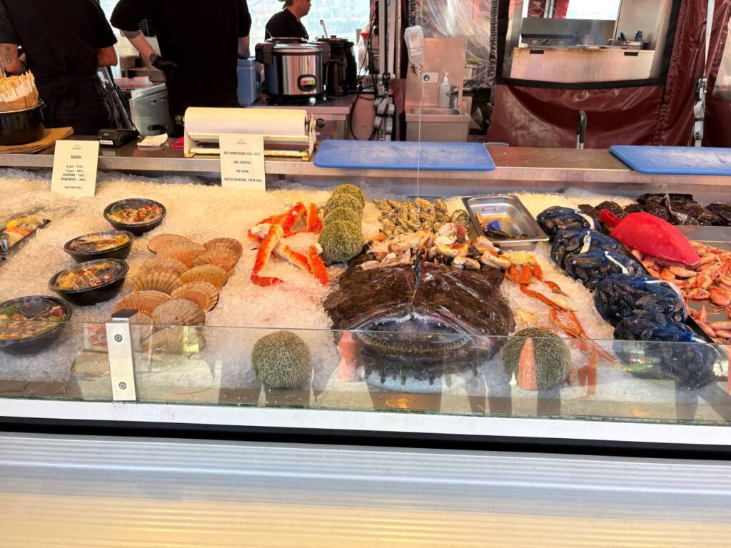 Fresh seafood stalls at Bergen Fish Market along the historic waterfront