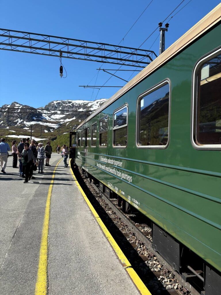 Iconic train traveling through the breathtaking scenery of the Flåm Railway
