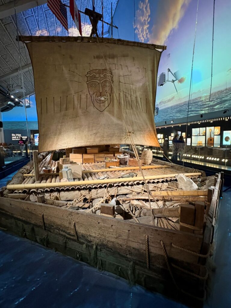 Kon-Tiki raft displayed inside Oslo's Kon-Tiki Museum celebrating Thor Heyerdahl's expedition.
