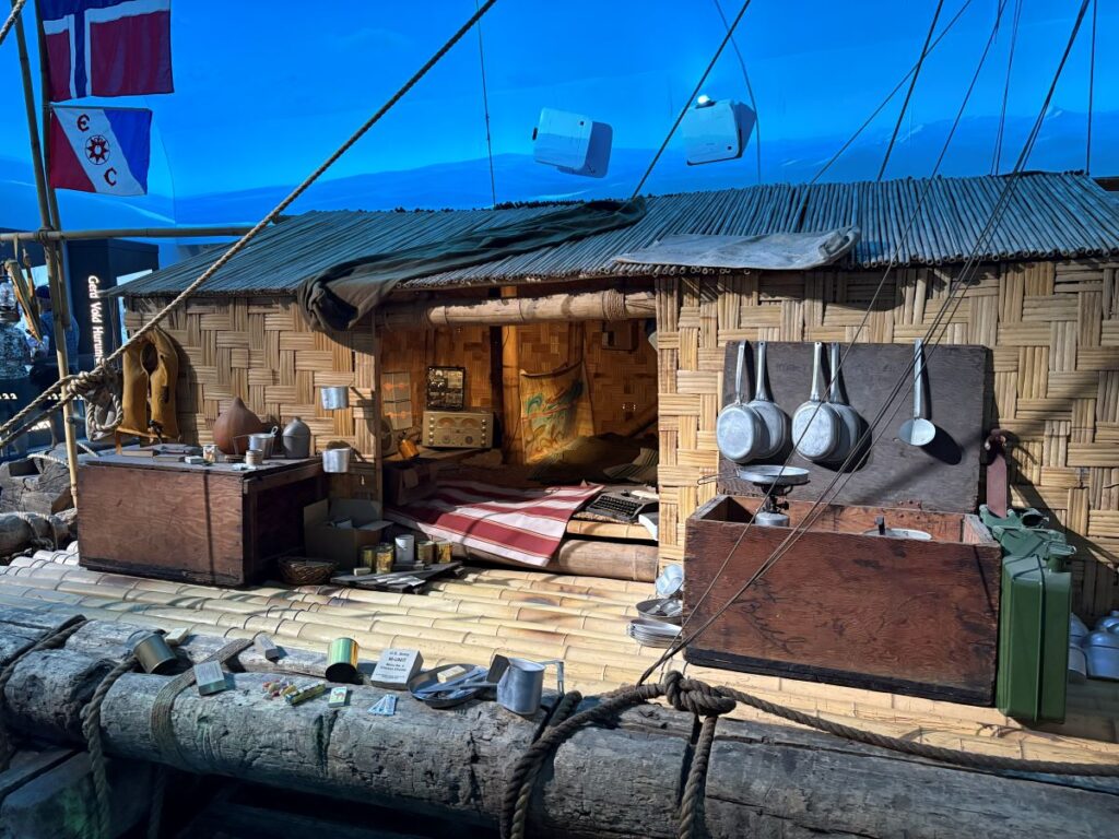 Travelers discovering Kon-Tiki expedition stories through interactive exhibits