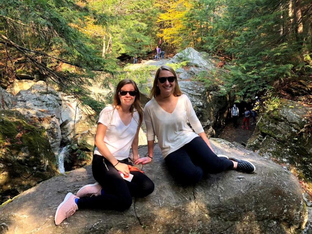 Tourists enjoying autumn holiday at Smugglers’ Notch State Park in Vermont