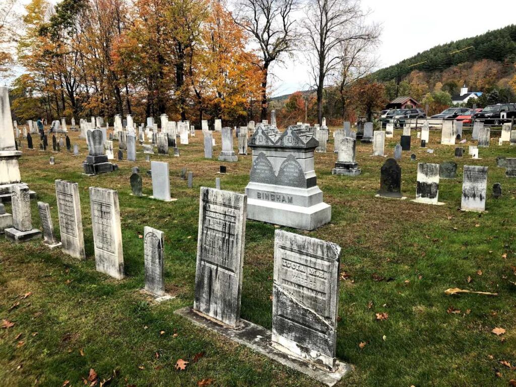 Historic church and cemetery at Stowe vsited on a road trip to Vermont in fall