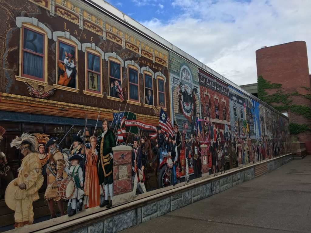Famous historic buildings and colorful streetscapes in Burlington during Vermont in Fall
