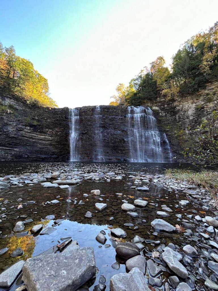 Scenic waterfall views at Salmon River Falls during peak fall colors.