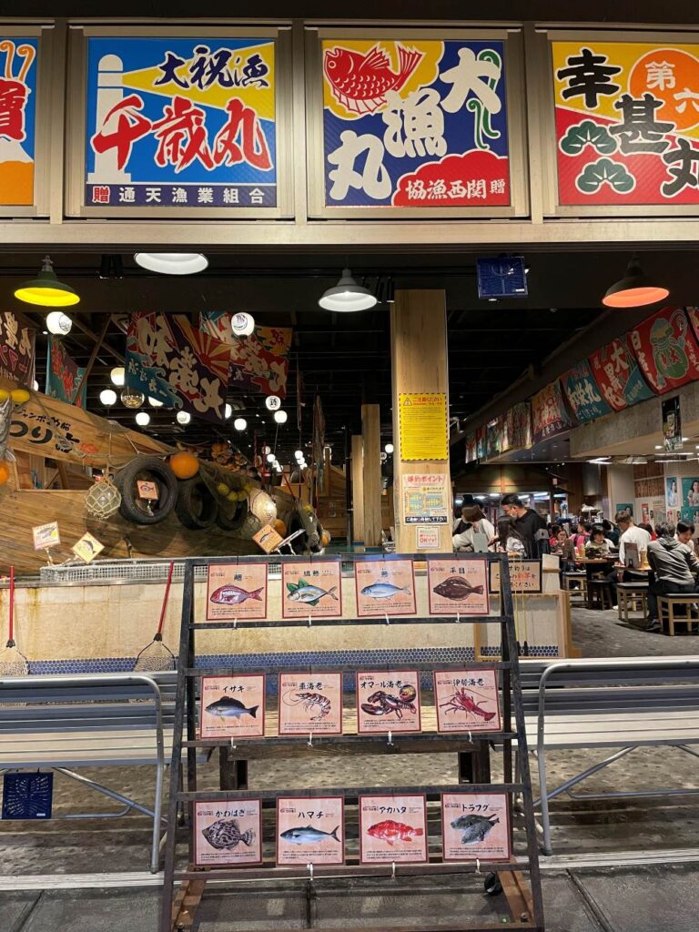 Colorful streets of Shinsekai lined with restaurants, shops, and bright Japanese signs in Osaka