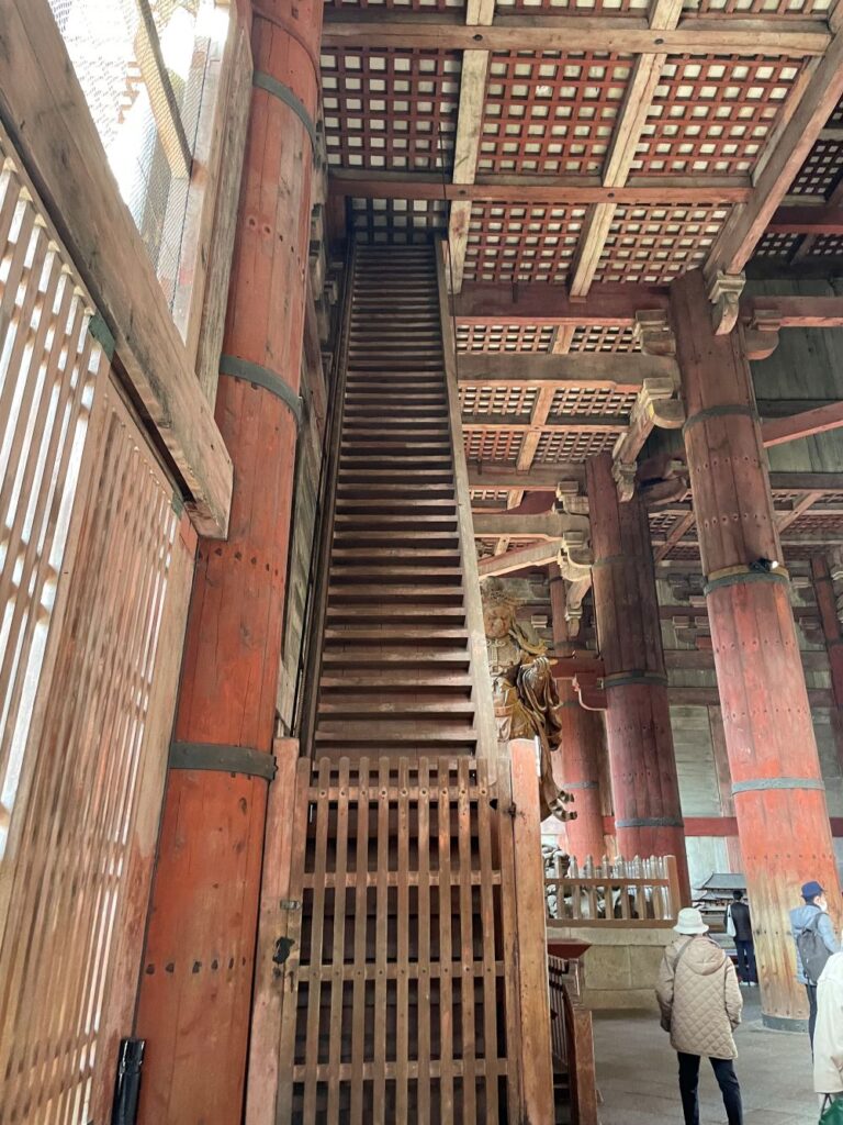 The interior wooden architecture of the Tōdaiji Temple visited in Nara