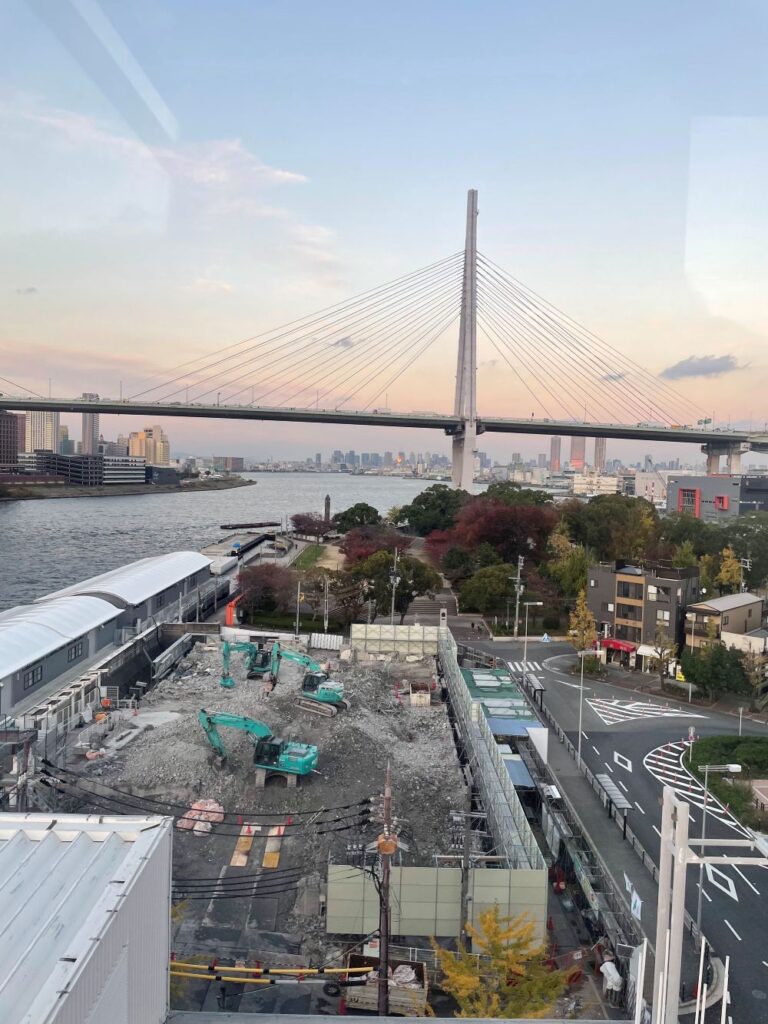 Tempozan Ferris Wheel at sunset with views across Osaka Bay and the surrounding cityscape