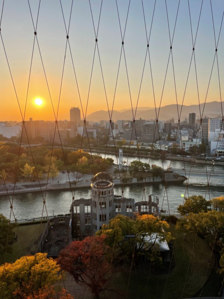 Orizuru Tower observation deck overlooking the Atomic Bomb Dome and Hiroshima cityscape in Japan