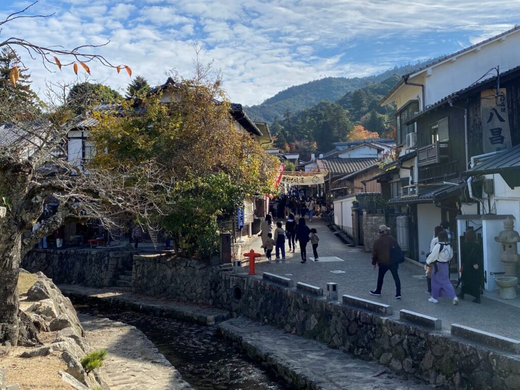 Scenic Miyajima Island with traditional buildings, green mountains, and the Seto Inland Sea in Hiroshima