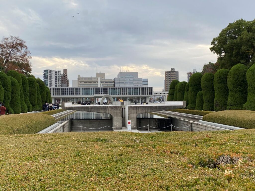 Memorial monuments and peaceful pathways at Hiroshima Peace Memorial Park in Hiroshima, Japan