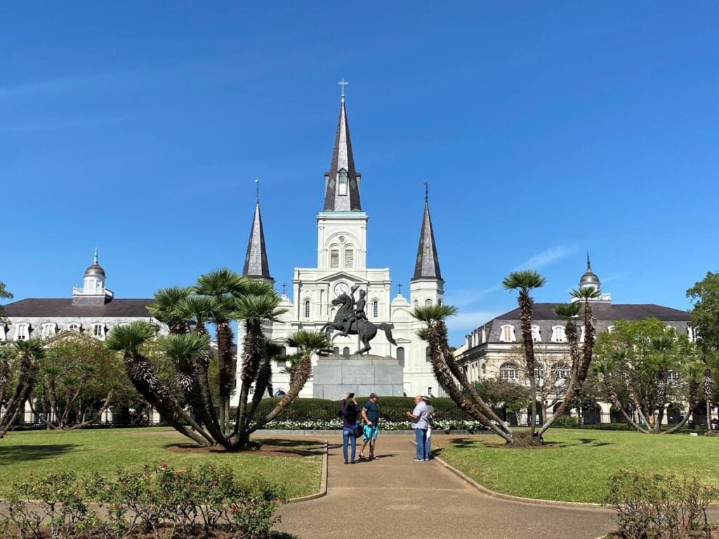 Jackson Square at dusk with St. Louis Cathedral during a haunted New Orleans weekend itinerary exploring historic landmarks